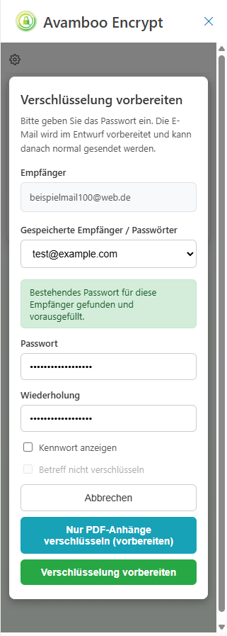 Taskpanel, Button Nur PDF-Anhänge verschlüsseln